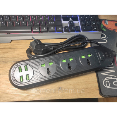 Сетевой удлинитель 3 розетки с заземлением + 4 USB 5V/2.1A, 2500W, защитой от перегрузки