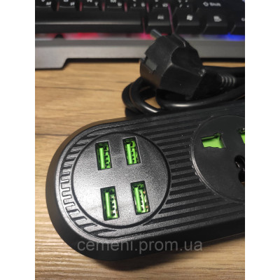 Сетевой удлинитель 3 розетки с заземлением + 4 USB 5V/2.1A, 2500W, защитой от перегрузки